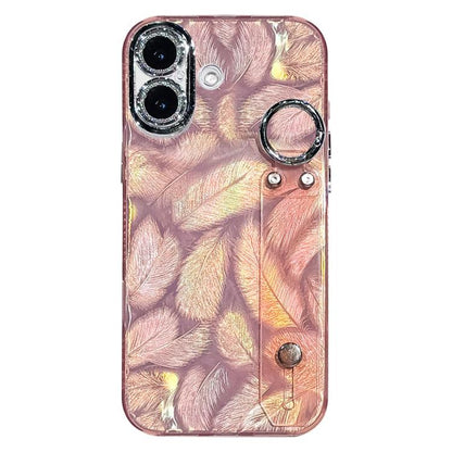Plating Feather Texture Wristband Holder TPU Phone Case with Lens Film, For iPhone 17 Pro Max, For iPhone 17 Pro, For iPhone 17, For iPhone Air, For iPhone 16 Pro Max, For iPhone 16 Pro, For iPhone 16 Plus, For iPhone 16