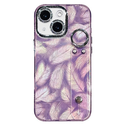 Plating Feather Texture Wristband Holder TPU Phone Case with Lens Film, For iPhone 13