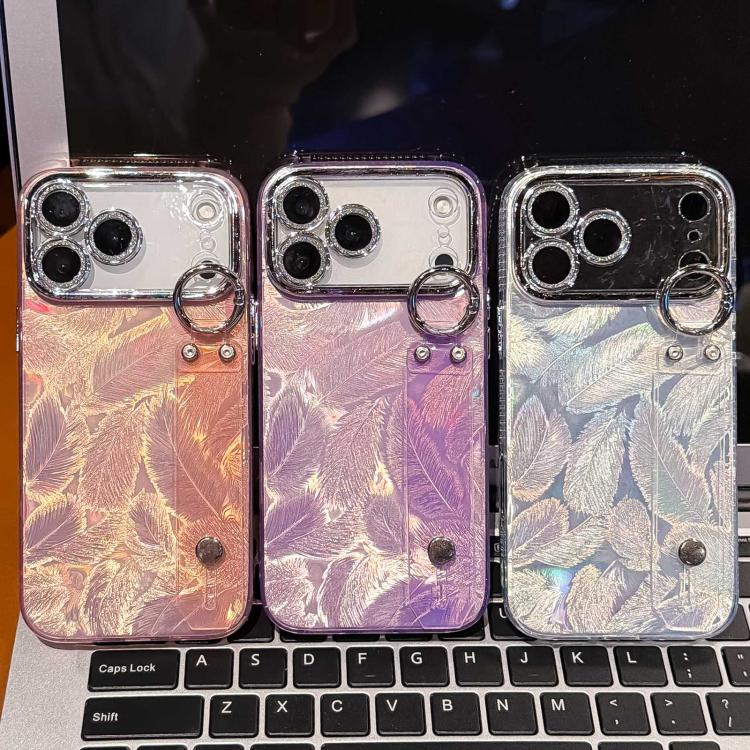 Plating Feather Texture Wristband Holder TPU Phone Case with Lens Film, For iPhone 13