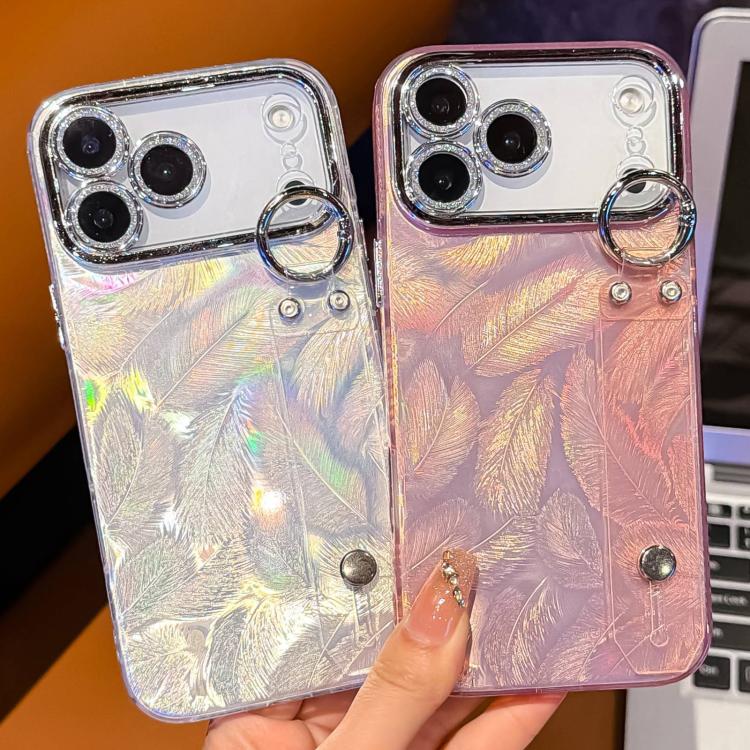Plating Feather Texture Wristband Holder TPU Phone Case with Lens Film, For iPhone 13