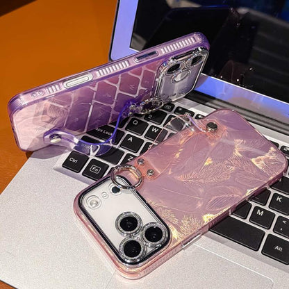 Plating Feather Texture Wristband Holder TPU Phone Case with Lens Film, For iPhone 17 Pro Max, For iPhone 17 Pro, For iPhone 17, For iPhone Air, For iPhone 16 Pro Max, For iPhone 16 Pro, For iPhone 16 Plus, For iPhone 16