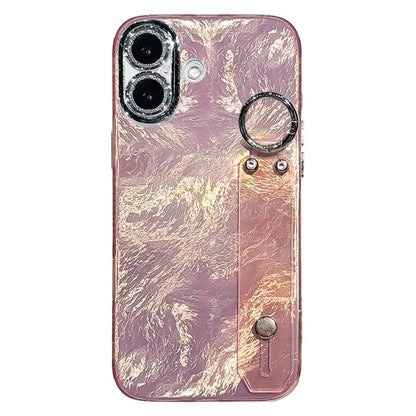 Plating Foil-like Metallic Texture Wristband Holder TPU Phone Case with Lens Film, For iPhone 17 Pro Max, For iPhone 17 Pro, For iPhone 17, For iPhone Air, For iPhone 16 Pro Max, For iPhone 16 Pro, For iPhone 16 Plus, For iPhone 16