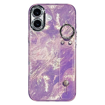 Plating Foil-like Metallic Texture Wristband Holder TPU Phone Case with Lens Film, For iPhone 17 Pro Max, For iPhone 17 Pro, For iPhone 17, For iPhone Air, For iPhone 16 Pro Max, For iPhone 16 Pro, For iPhone 16 Plus, For iPhone 16