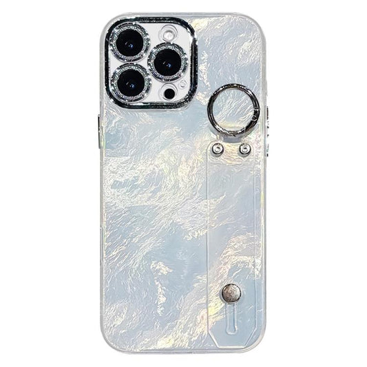Plating Foil-like Metallic Texture Wristband Holder TPU Phone Case with Lens Film, For iPhone 15 Pro Max, For iPhone 15 Pro, For iPhone 15, For iPhone 14, For iPhone 14 Pro, For iPhone 14 Pro Max, For iPhone 13 Pro Max, For iPhone 13 Pro