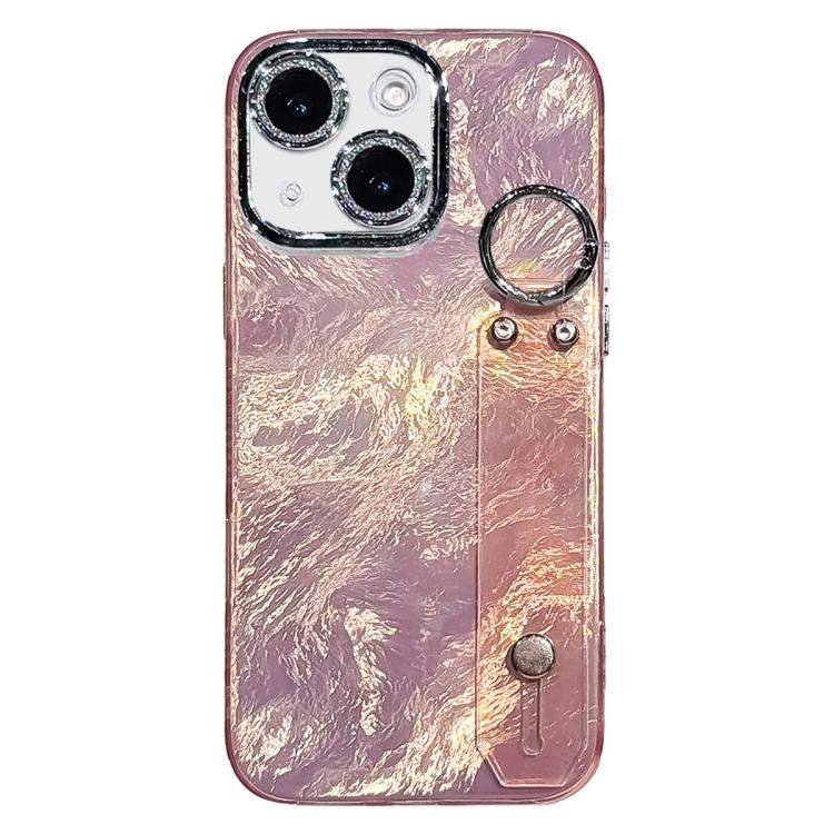 Plating Foil-like Metallic Texture Wristband Holder TPU Phone Case with Lens Film, For iPhone 15 Pro Max, For iPhone 15 Pro, For iPhone 15, For iPhone 14, For iPhone 14 Pro, For iPhone 14 Pro Max, For iPhone 13 Pro Max, For iPhone 13 Pro