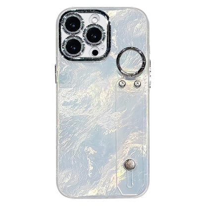 Plating Foil-like Metallic Texture Wristband Holder TPU Phone Case with Lens Film, For iPhone 15 Pro Max, For iPhone 15 Pro, For iPhone 15, For iPhone 14, For iPhone 14 Pro, For iPhone 14 Pro Max, For iPhone 13 Pro Max, For iPhone 13 Pro