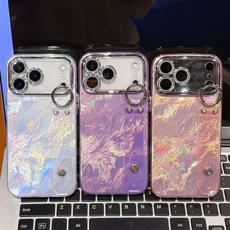 Plating Foil-like Metallic Texture Wristband Holder TPU Phone Case with Lens Film, For iPhone 15 Pro Max, For iPhone 15 Pro, For iPhone 15, For iPhone 14, For iPhone 14 Pro, For iPhone 14 Pro Max, For iPhone 13 Pro Max, For iPhone 13 Pro