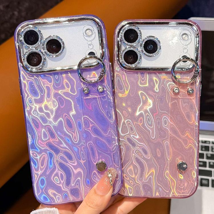 Plating Foil-like Metallic Texture Wristband Holder TPU Phone Case with Lens Film, For iPhone 17 Pro Max, For iPhone 17 Pro, For iPhone 17, For iPhone Air, For iPhone 16 Pro Max, For iPhone 16 Pro, For iPhone 16 Plus, For iPhone 16