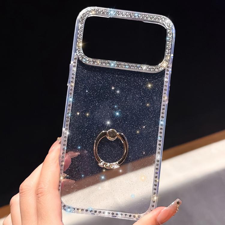 Rhinestone Ring Holder Dual-side IMD PC Hybrid TPU Phone Case, For iPhone 16 Pro Max, For iPhone 16 Pro, For iPhone 16 Plus, For iPhone 16