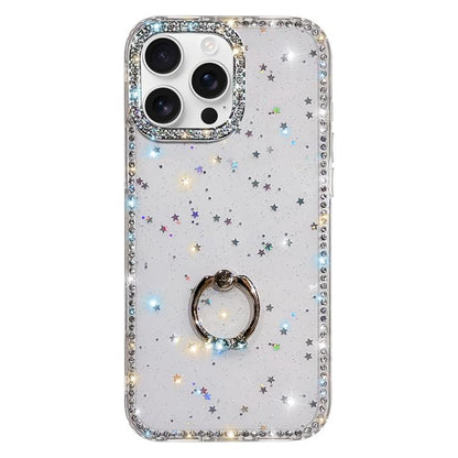Rhinestone Ring Holder Dual-side IMD PC Hybrid TPU Phone Case, For iPhone 16 Pro Max, For iPhone 16 Pro, For iPhone 16 Plus, For iPhone 16