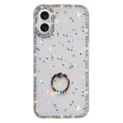 Rhinestone Ring Holder Dual-side IMD PC Hybrid TPU Phone Case, For iPhone 16 Pro Max, For iPhone 16 Pro, For iPhone 16 Plus, For iPhone 16