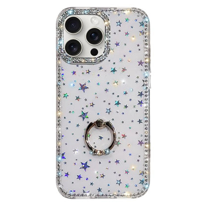 Rhinestone Ring Holder Dual-side IMD PC Hybrid TPU Phone Case, For iPhone 15 Pro Max, For iPhone 15 Pro, For iPhone 15, For iPhone 14