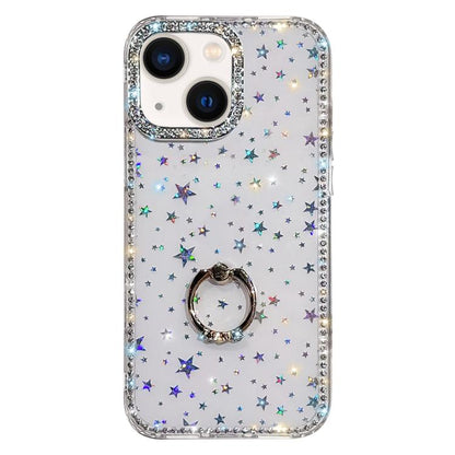 Rhinestone Ring Holder Dual-side IMD PC Hybrid TPU Phone Case, For iPhone 13