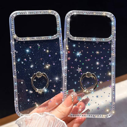 Rhinestone Ring Holder Dual-side IMD PC Hybrid TPU Phone Case, For iPhone 13
