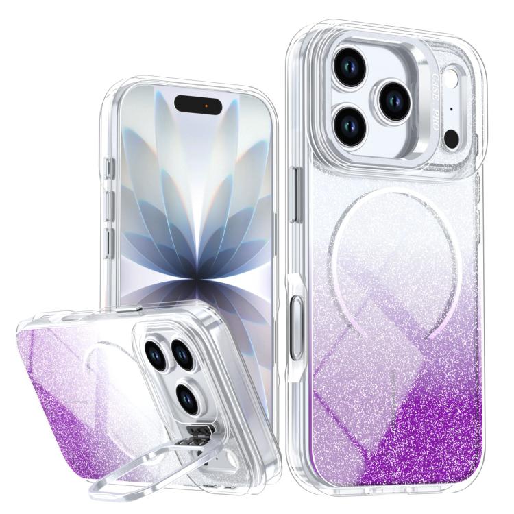 Glitter Gradient Magnetic Lens Frame Holder Phone Case, For iPhone 17e / 16e, For iPhone 17 Pro Max, For iPhone 17 Pro, For iPhone 17