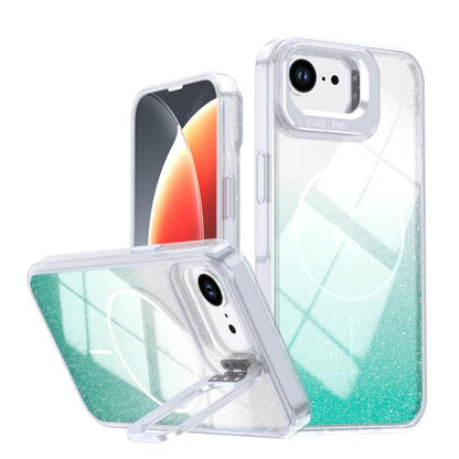 Glitter Gradient Magnetic Lens Frame Holder Phone Case, For iPhone 17e / 16e, For iPhone 17 Pro Max, For iPhone 17 Pro, For iPhone 17