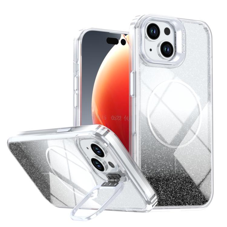 Glitter Gradient Magnetic Lens Frame Holder Phone Case, For iPhone 15, For iPhone 14 Plus, For iPhone 14 / 13, For iPhone 14 Pro