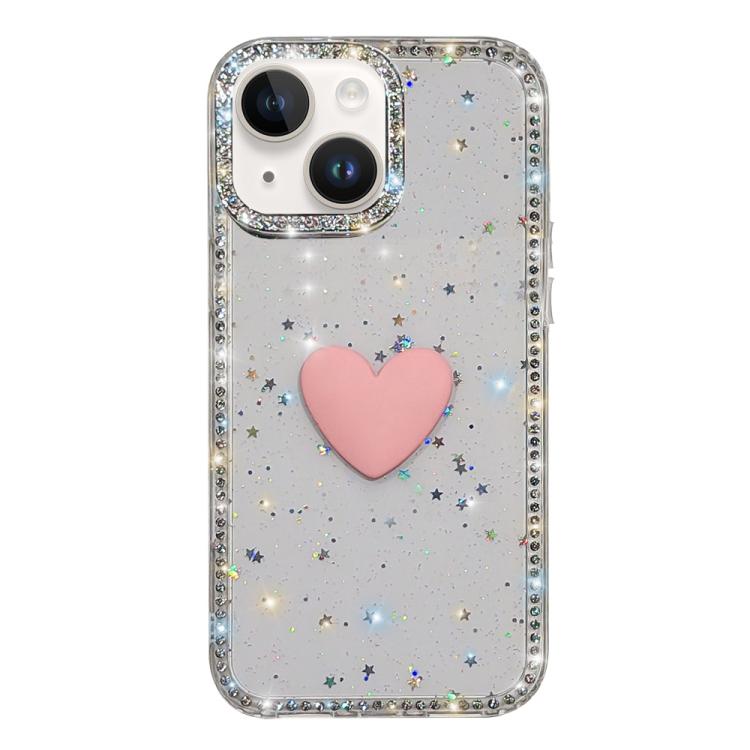 Flash Rhinestone Double-sided IMD Love Heart Phone Case, For iPhone 15, For iPhone 14