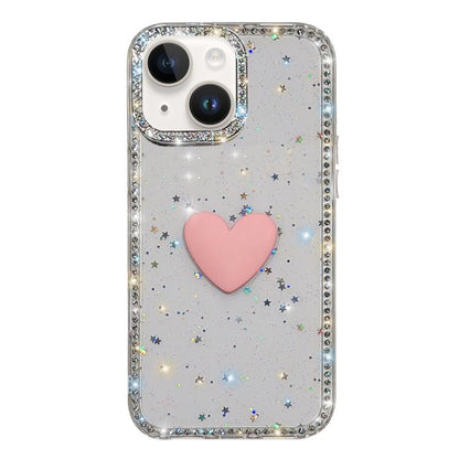 Flash Rhinestone Double-sided IMD Love Heart Phone Case, For iPhone 15, For iPhone 14