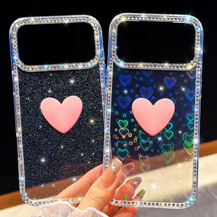 Flash Rhinestone Double-sided IMD Love Heart Phone Case, For iPhone 15 Pro Max, For iPhone 15 Pro
