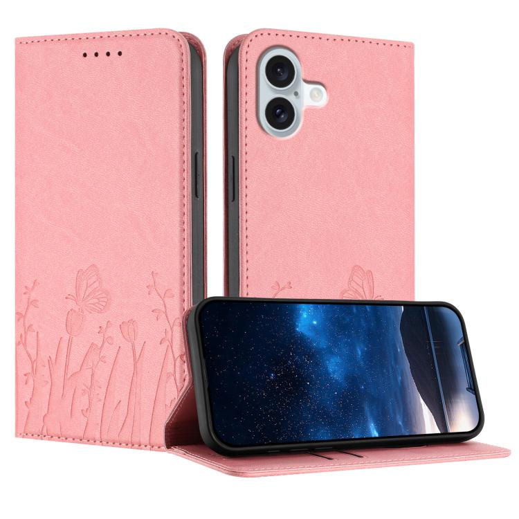 Tulips Butterfly Pattern Magnetic Vegan Leather Phone Case, For iPhone 16 Pro, For iPhone 16 Plus