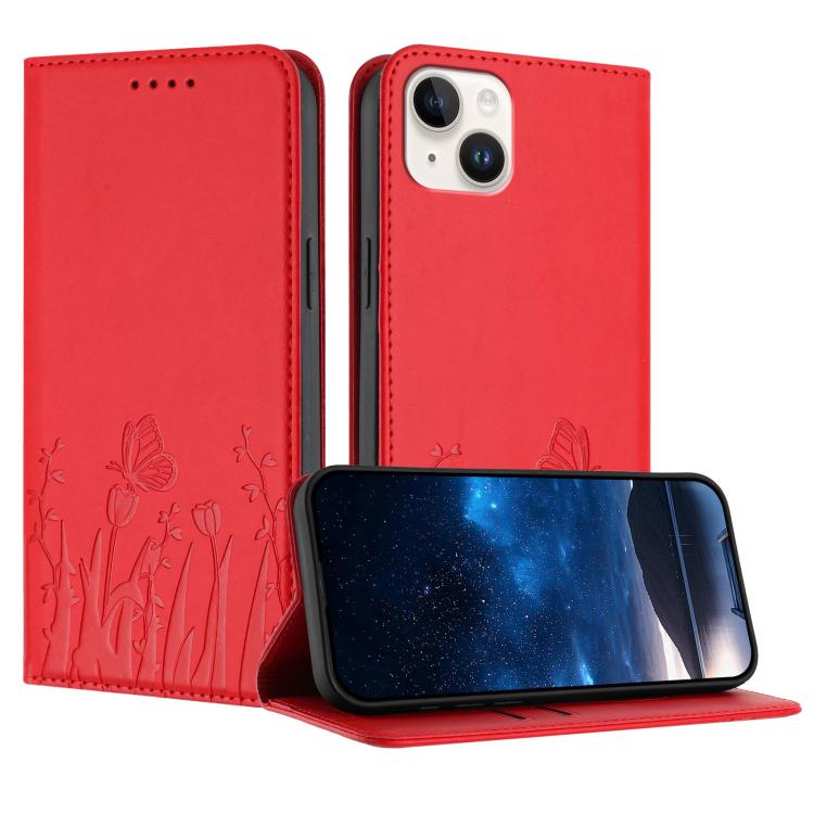 Tulips Butterfly Pattern Magnetic Vegan Leather Phone Case, For iPhone 15 Pro, For iPhone 15 Plus