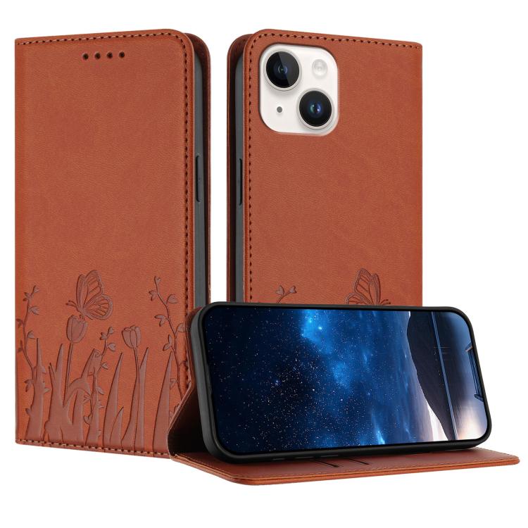 Tulips Butterfly Pattern Magnetic Vegan Leather Phone Case, For iPhone 15, For iPhone 14 Plus