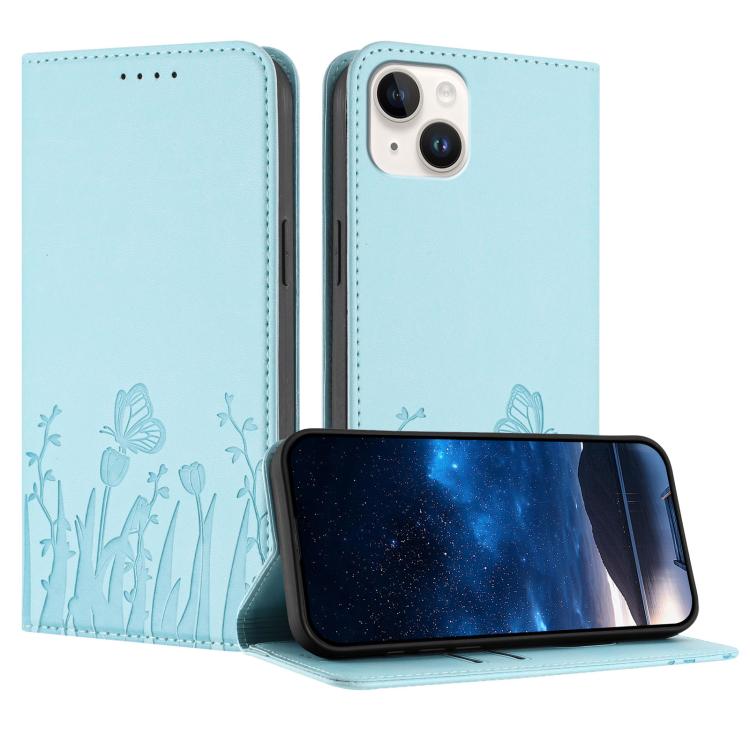 Tulips Butterfly Pattern Magnetic Vegan Leather Phone Case, For iPhone 15, For iPhone 14 Plus