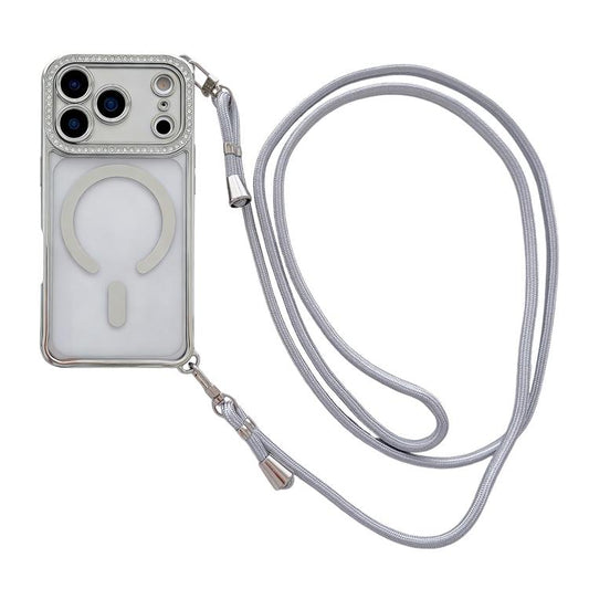 Rhinestone Clear Acrylic Electroplated Magnetic Phone Case with Right-Side Crossbody Lanyard, For iPhone 17 Pro Max, For iPhone 17 Pro, For iPhone 17, For iPhone Air