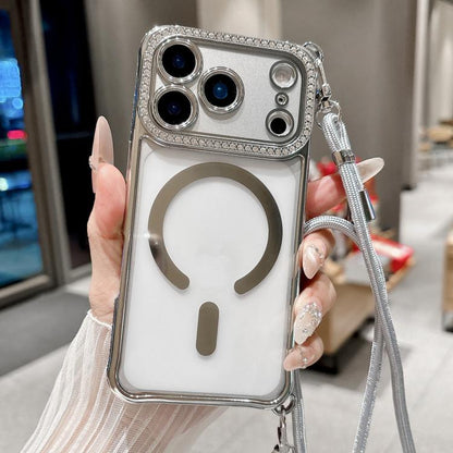 Rhinestone Clear Acrylic Electroplated Magnetic Phone Case with Right-Side Crossbody Lanyard, For iPhone 17 Pro Max, For iPhone 17 Pro, For iPhone 17, For iPhone Air