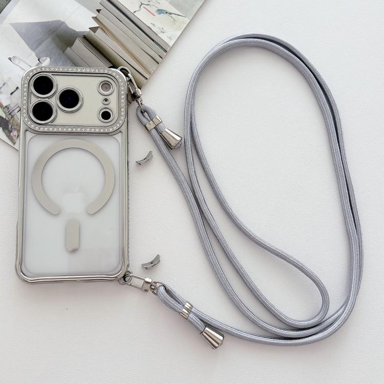Rhinestone Clear Acrylic Electroplated Magnetic Phone Case with Right-Side Crossbody Lanyard, For iPhone 17 Pro Max, For iPhone 17 Pro, For iPhone 17, For iPhone Air