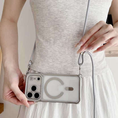 Rhinestone Clear Acrylic Electroplated Magnetic Phone Case with Right-Side Crossbody Lanyard, For iPhone 17 Pro Max, For iPhone 17 Pro, For iPhone 17, For iPhone Air