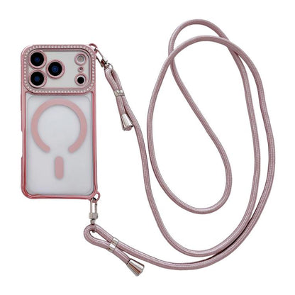 Rhinestone Clear Acrylic Electroplated Magnetic Phone Case with Right-Side Crossbody Lanyard, For iPhone 17 Pro Max, For iPhone 17 Pro, For iPhone 17, For iPhone Air