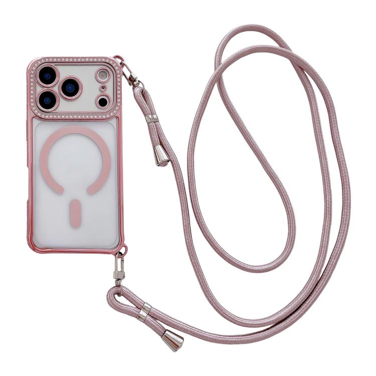 Rhinestone Clear Acrylic Electroplated Magnetic Phone Case with Right-Side Crossbody Lanyard, For iPhone 17 Pro Max, For iPhone 17 Pro, For iPhone 17, For iPhone Air