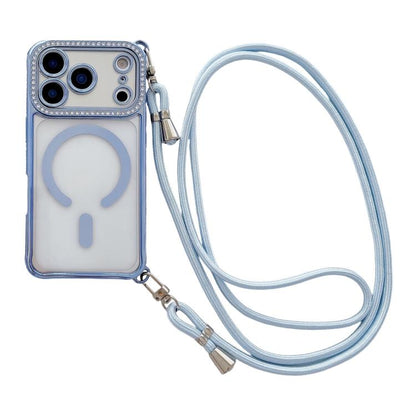 Rhinestone Clear Acrylic Electroplated Magnetic Phone Case with Right-Side Crossbody Lanyard, For iPhone 17 Pro Max, For iPhone 17 Pro, For iPhone 17, For iPhone Air
