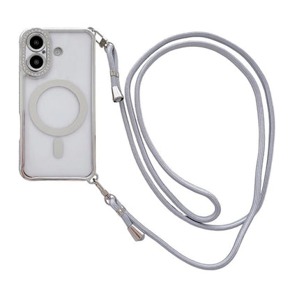 Rhinestone Clear Acrylic Electroplated Magnetic Phone Case with Right-Side Crossbody Lanyard, For iPhone 17 Pro Max, For iPhone 17 Pro, For iPhone 17, For iPhone Air
