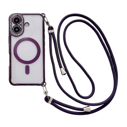 Rhinestone Clear Acrylic Electroplated Magnetic Phone Case with Right-Side Crossbody Lanyard, For iPhone 17 Pro Max, For iPhone 17 Pro, For iPhone 17, For iPhone Air