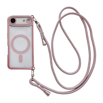 Rhinestone Clear Acrylic Electroplated Magnetic Phone Case with Right-Side Crossbody Lanyard, For iPhone 17 Pro Max, For iPhone 17 Pro, For iPhone 17, For iPhone Air