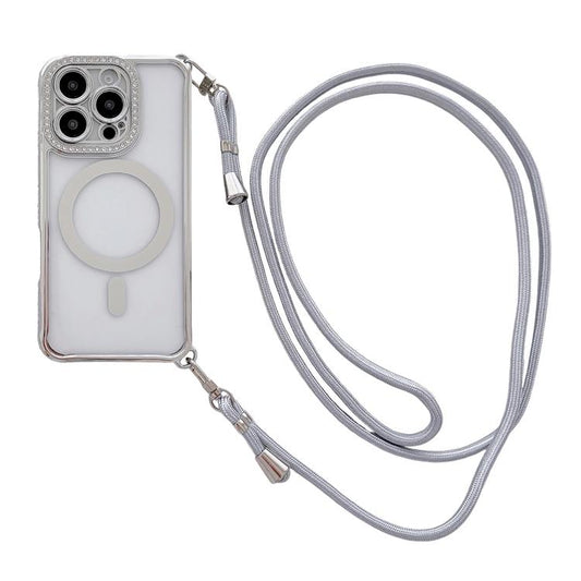 Rhinestone Clear Acrylic Electroplated Magnetic Phone Case with Right-Side Crossbody Lanyard, For iPhone 16 Pro Max, For iPhone 16 Pro, For iPhone 16 Plus, For iPhone 16