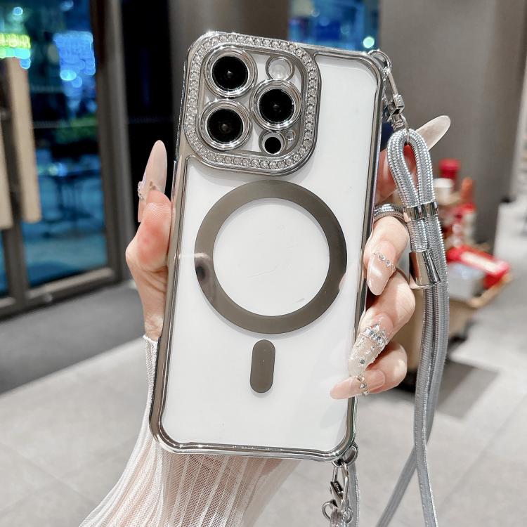 Rhinestone Clear Acrylic Electroplated Magnetic Phone Case with Right-Side Crossbody Lanyard, For iPhone 16 Pro Max, For iPhone 16 Pro, For iPhone 16 Plus, For iPhone 16