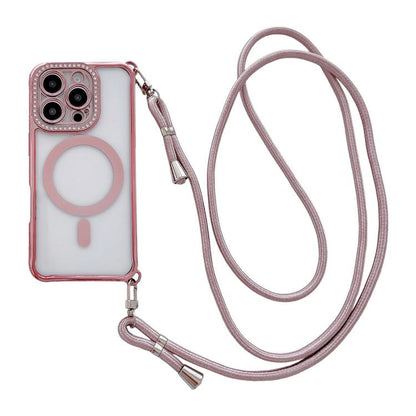 Rhinestone Clear Acrylic Electroplated Magnetic Phone Case with Right-Side Crossbody Lanyard, For iPhone 16 Pro Max, For iPhone 16 Pro, For iPhone 16 Plus, For iPhone 16