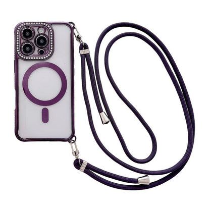 Rhinestone Clear Acrylic Electroplated Magnetic Phone Case with Right-Side Crossbody Lanyard, For iPhone 16 Pro Max, For iPhone 16 Pro, For iPhone 16 Plus, For iPhone 16