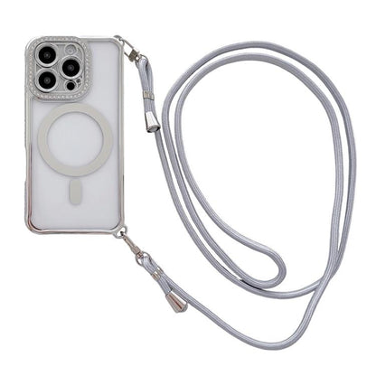 Rhinestone Clear Acrylic Electroplated Magnetic Phone Case with Right-Side Crossbody Lanyard, For iPhone 16 Pro Max, For iPhone 16 Pro, For iPhone 16 Plus, For iPhone 16