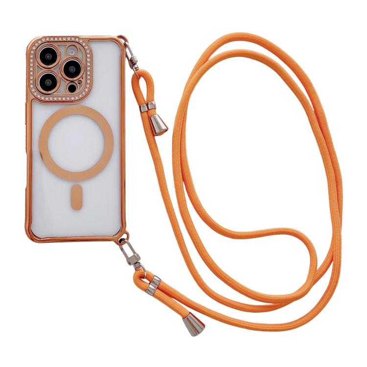 Rhinestone Clear Acrylic Electroplated Magnetic Phone Case with Right-Side Crossbody Lanyard, For iPhone 16 Pro Max, For iPhone 16 Pro, For iPhone 16 Plus, For iPhone 16
