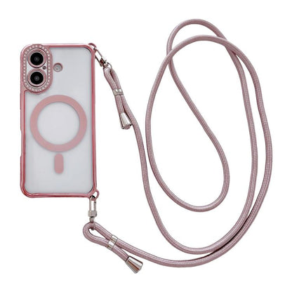 Rhinestone Clear Acrylic Electroplated Magnetic Phone Case with Right-Side Crossbody Lanyard, For iPhone 16 Pro Max, For iPhone 16 Pro, For iPhone 16 Plus, For iPhone 16