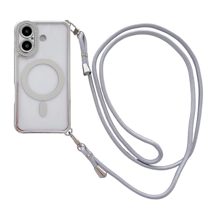 Rhinestone Clear Acrylic Electroplated Magnetic Phone Case with Right-Side Crossbody Lanyard, For iPhone 16 Pro Max, For iPhone 16 Pro, For iPhone 16 Plus, For iPhone 16