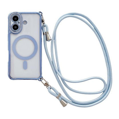 Rhinestone Clear Acrylic Electroplated Magnetic Phone Case with Right-Side Crossbody Lanyard, For iPhone 16 Pro Max, For iPhone 16 Pro, For iPhone 16 Plus, For iPhone 16
