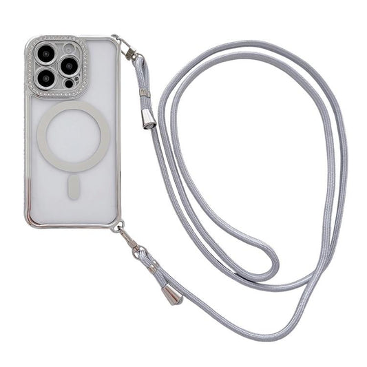 Rhinestone Clear Acrylic Electroplated Magnetic Phone Case with Right-Side Crossbody Lanyard, For iPhone 15 Pro Max, For iPhone 15 Pro, For iPhone 15 Plus / 14 Plus, For iPhone 15