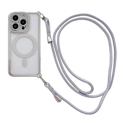 Rhinestone Clear Acrylic Electroplated Magnetic Phone Case with Right-Side Crossbody Lanyard, For iPhone 15 Pro Max, For iPhone 15 Pro, For iPhone 15 Plus / 14 Plus, For iPhone 15