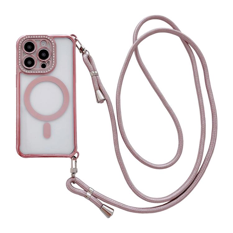 Rhinestone Clear Acrylic Electroplated Magnetic Phone Case with Right-Side Crossbody Lanyard, For iPhone 15 Pro Max, For iPhone 15 Pro, For iPhone 15 Plus / 14 Plus, For iPhone 15